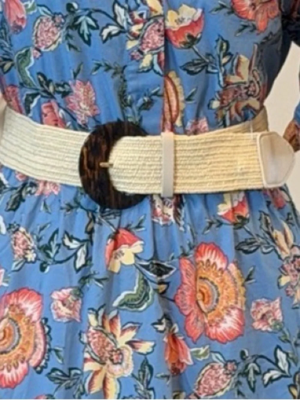 Woven Straw Belt with Tortoiseshell Buckle - Cream